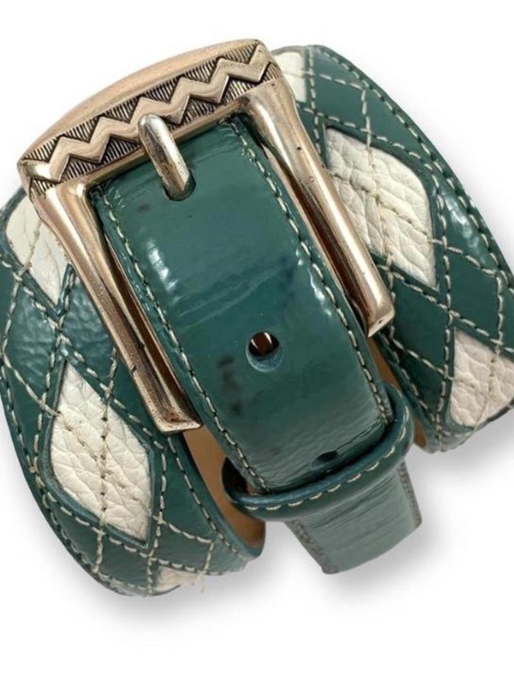 Vintage 1990's BRIGHTON teal argyle leather belt